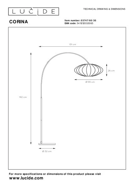 Lucide CORINA - Lampadaire arceau - 1xE27 - Noir - technique